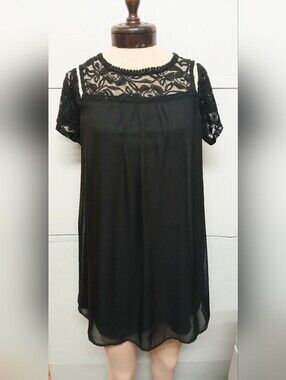 AS WISH Black Lace Yoke Short Sleeve Women's Top Dress Size Large